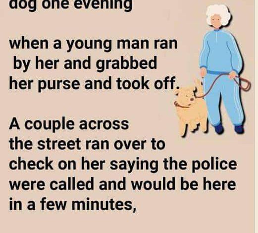 An Old Woman Was Walking Her Dog.