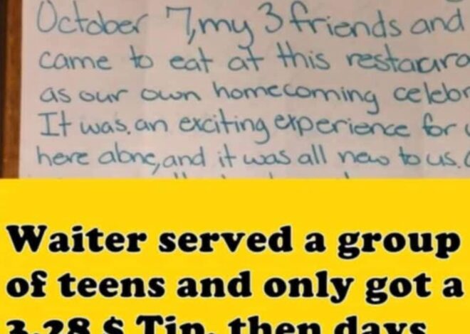 A generous tipper surprises the waiter with a kind note after receiving a meager $3.28 tip from a group of teens.