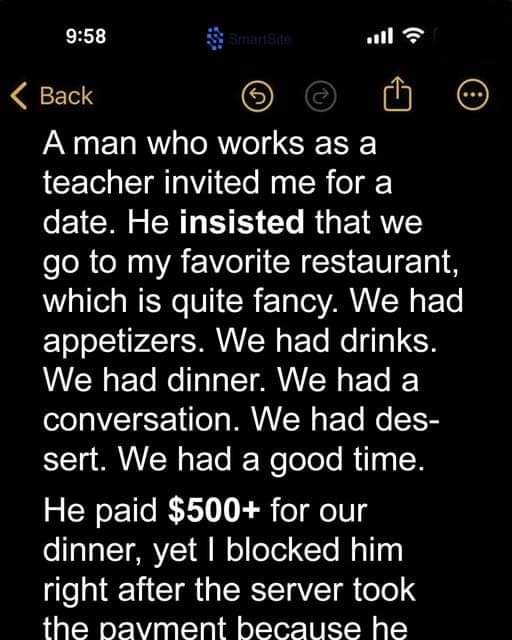 Woman Blocks Man Following Their 1st Date in Which He Paid for Their $500+ Dinner