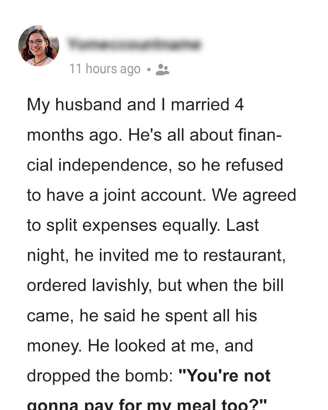 My Husband Invited Me to a Restaurant Then Demanded I Pay for Both of Us at the End of Our Meal –