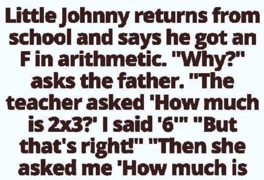 Little Johnny returns from school and says he got an F