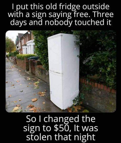 I put this old fridge outside with a sign saying free.